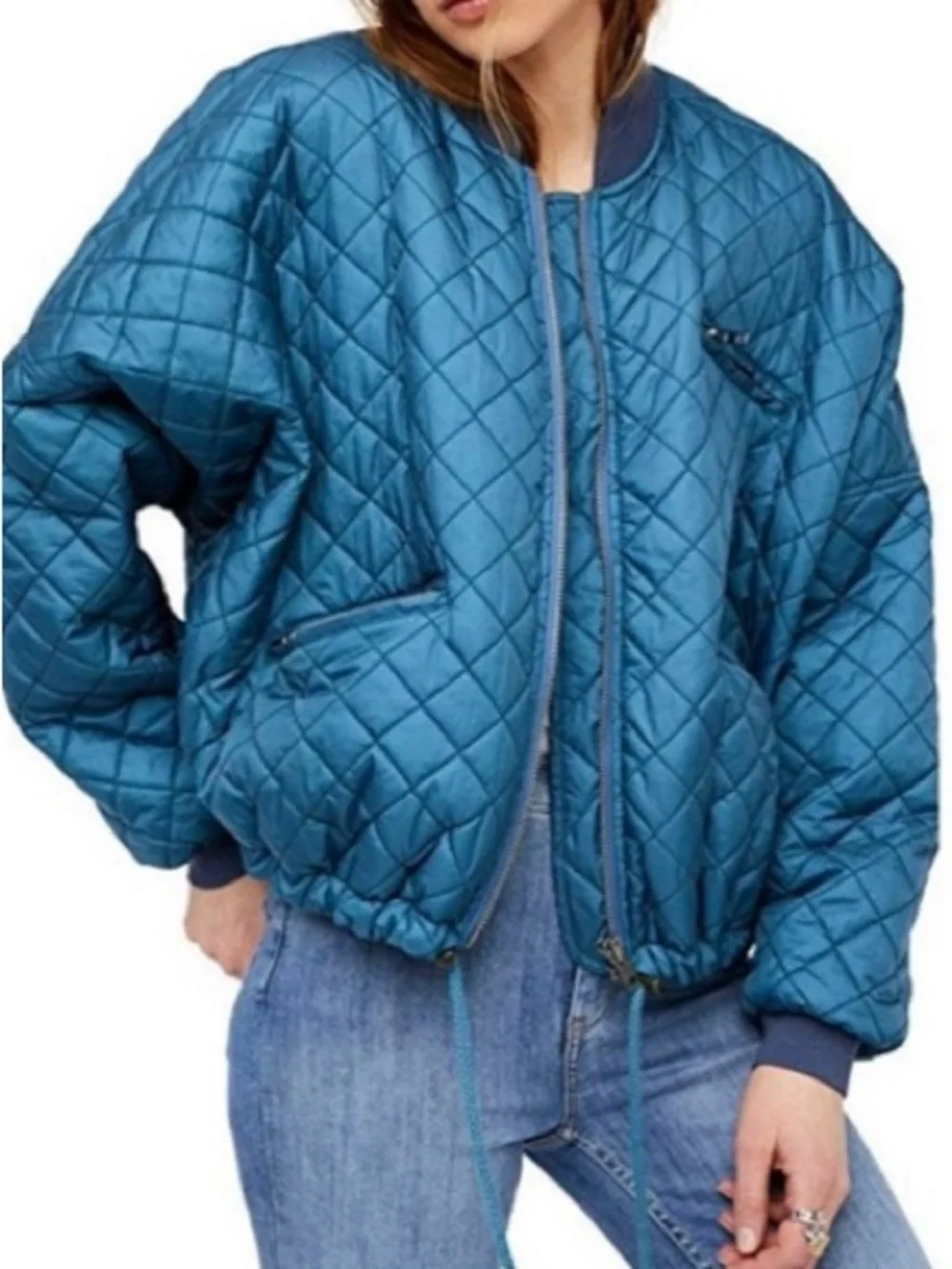 Free People Easy Quilted Dolman Sleeve Cropped Bomber Jacket Size M Deep Teal